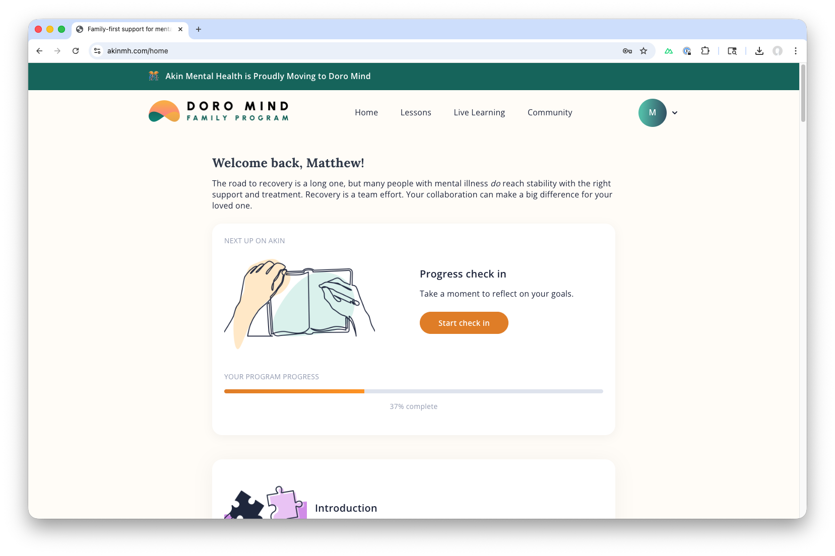 Akin dashboard showing program progress and next lesson