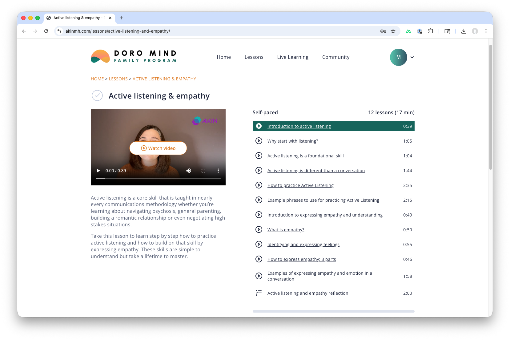 Lesson detail page with video content and step-by-step curriculum