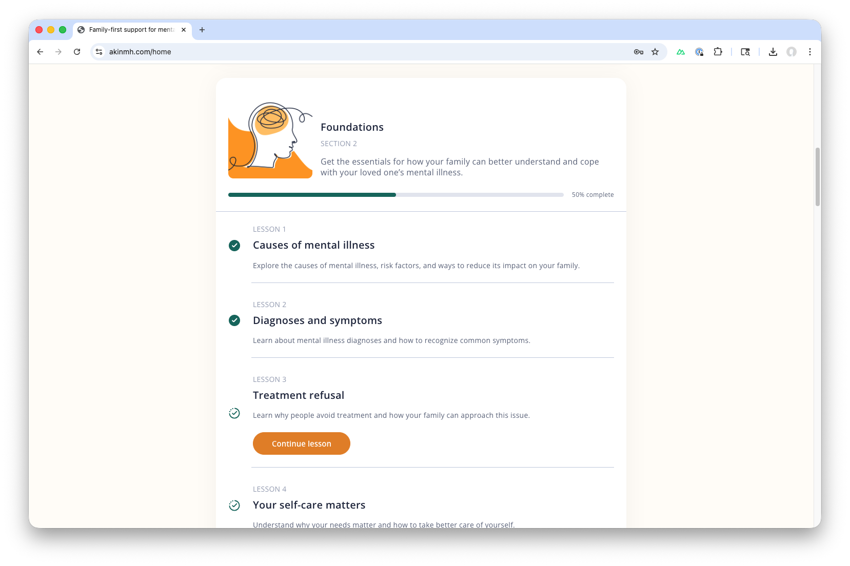 Course section with lessons on causes, diagnoses, treatment, and self-care
