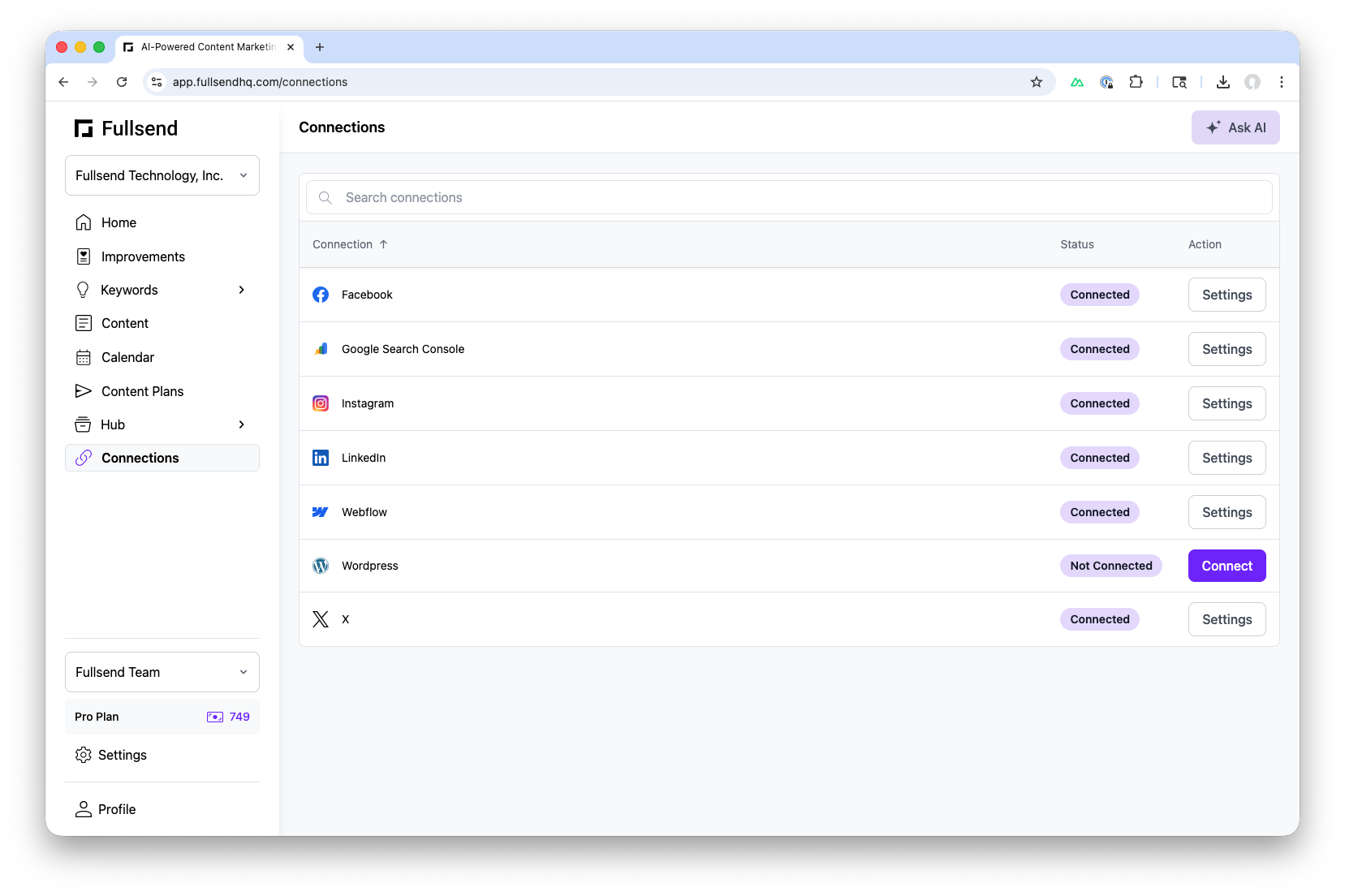 Connections page with integrations for Facebook, Google, Instagram, LinkedIn, Webflow, WordPress, and X