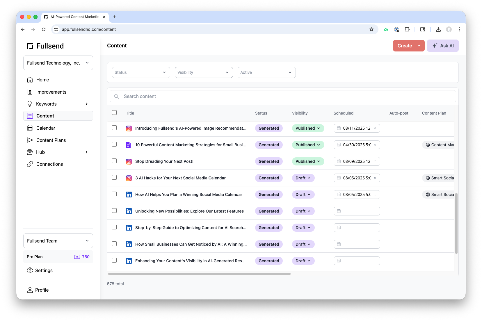Content management view with article statuses and scheduling