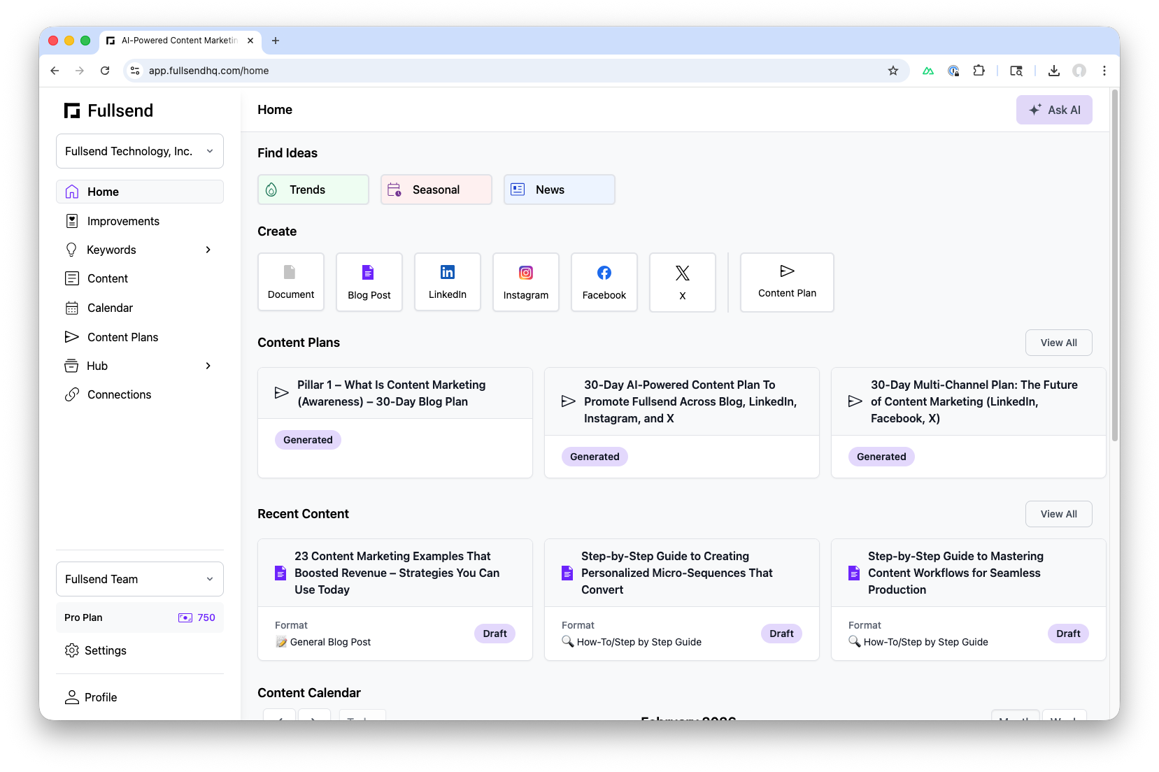 Fullsend home dashboard showing content ideas, creation shortcuts, and content plans